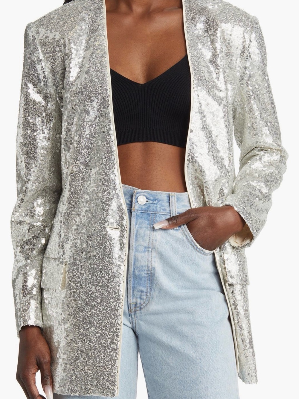 Open Edit Silver Sequin Blazer Jacket - Women's Sparkle Coat size XL